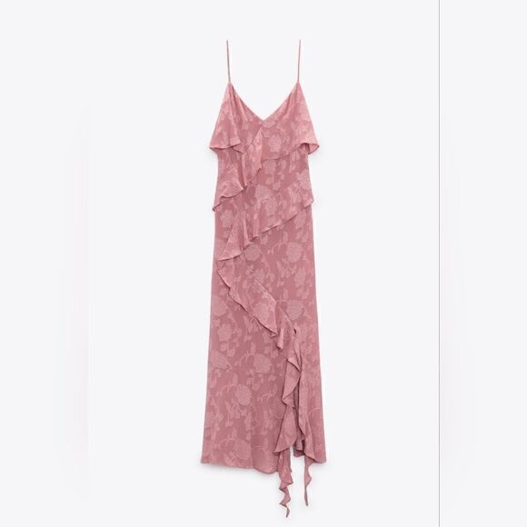Nwt ZARA RUFFLED JACQUARD DRESS MARSALA Pink Dusty - Picture 15 of 17